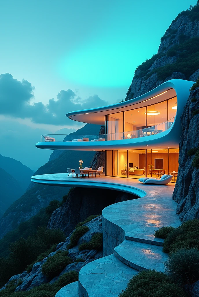 A large house inside, very futuristic, that is on a mountain but has colors