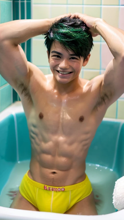 Japanese men、、Well-developed muscles and smooth skin、Fluffy, voluminous, bright green hair、Thin yellow boxer briefs、You can see the whole body from head to toe.、Smiling softly and friendly、Hero Academy、Manly posing in the bathtub