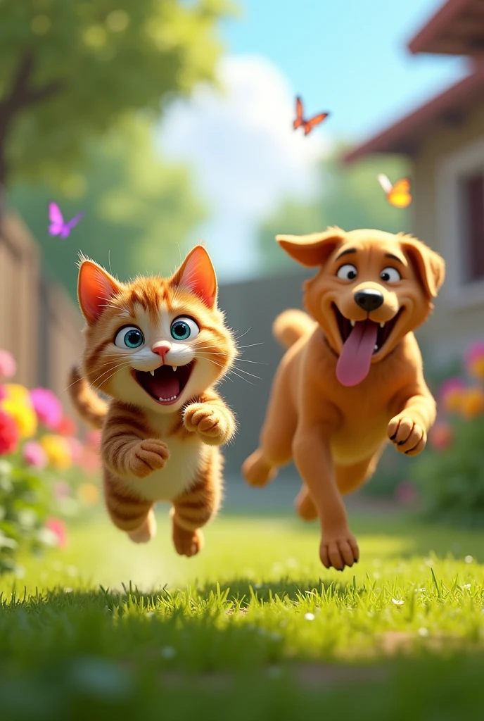 a cat chasing a dog, funny scene from a pixar style animation