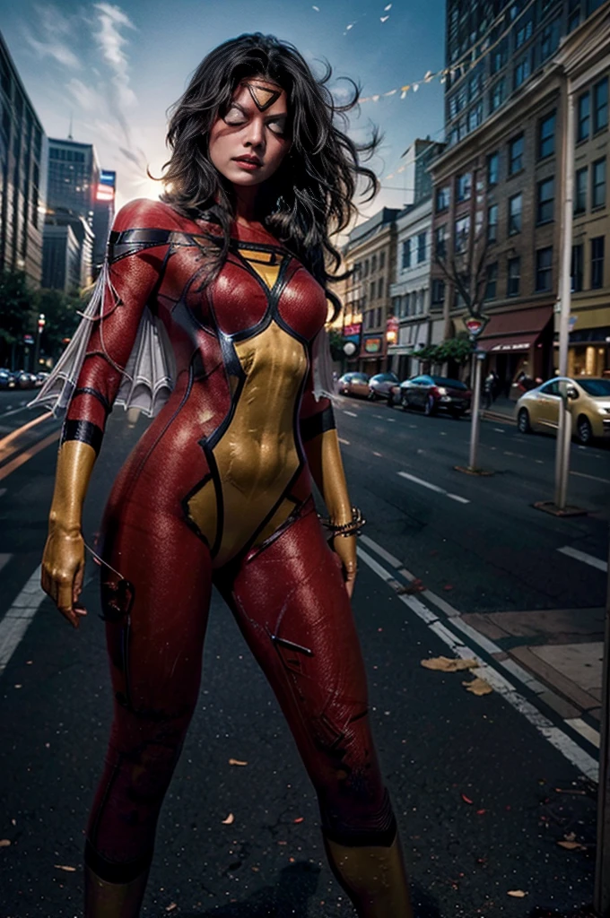 Spider-woman Jessica Drew, (Standing), visible legs, in city, Posing for the camera, frontal shot. 