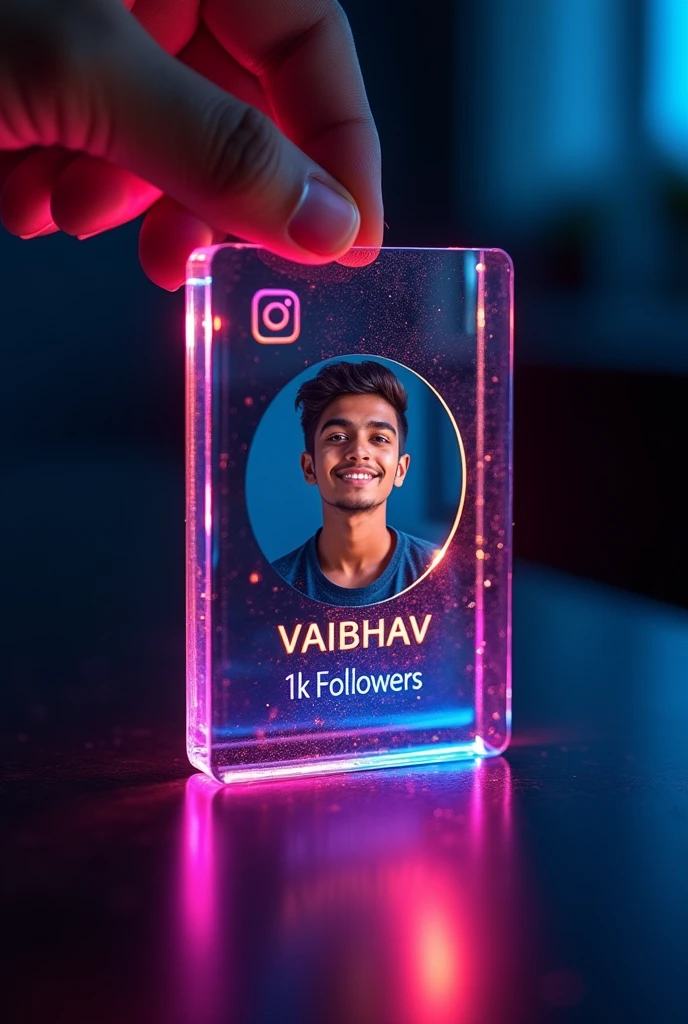 Prompt: Create an Instagram profile on a glass ID card on a Black desk displaying the Instagram logo and realistic profile photo of a boy in circle " VAIBHAV " is written in bold fonts under the profile photo and 1k Followers written, the card is glowing in pink and blue color on the edge, One corner is held with two fingers....less