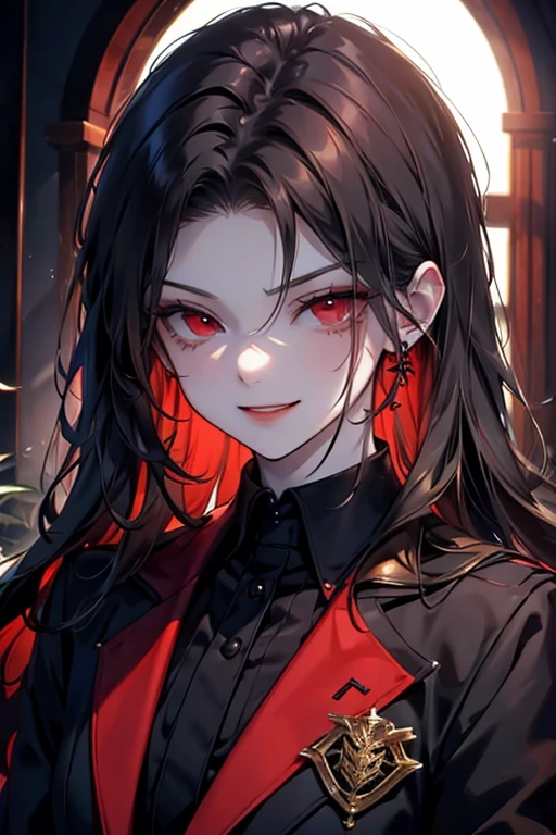 red theme， Dark theme， absurderes， Best quality at best， 1boys， 独奏，zombie， [ （serpent：2）， Snake tattoo： Snake tattoo， Tattooed with：0.5] red eyes， Eye focus， being thin， short detailed hair， （Striped hair），  [  vests： 0.1 ]， （face expressionless：1.0）， （evil grin smile：0.8）， brunette color hair， glowing light eyes， Pupil of the slit， Body painting