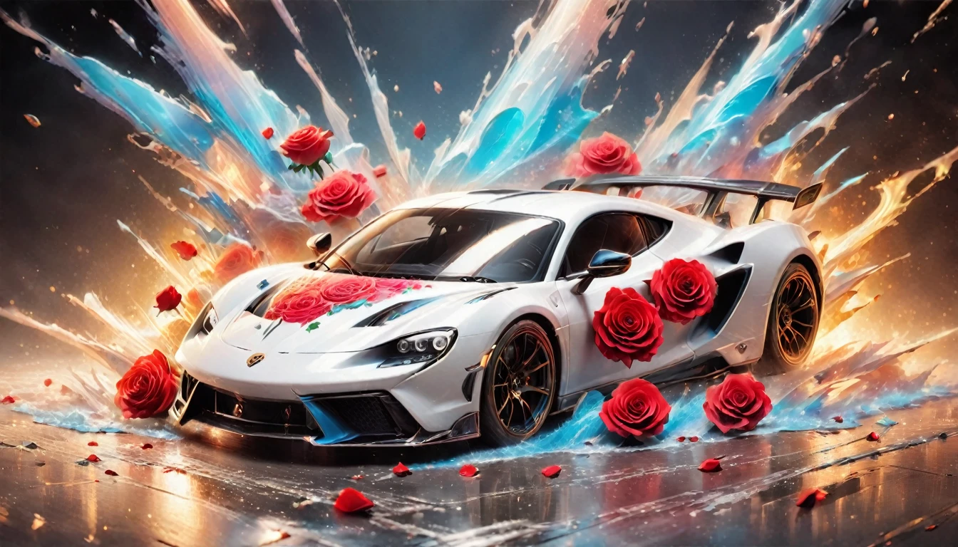 a picture of a (white sports car: 1.4) with (roses: 1.5) imprints on it, dynamic background, Ultra-high resolution, High Contrast, (masterpiece:1.5), highest quality, Best aesthetics), best details, best quality, highres, 16k, (ultra detailed: 1.5), masterpiece, best quality, (extremely detailed) RAW, (ultra details, Masterpiece, best quality), Cinematic Hollywood Film, NRART, roses