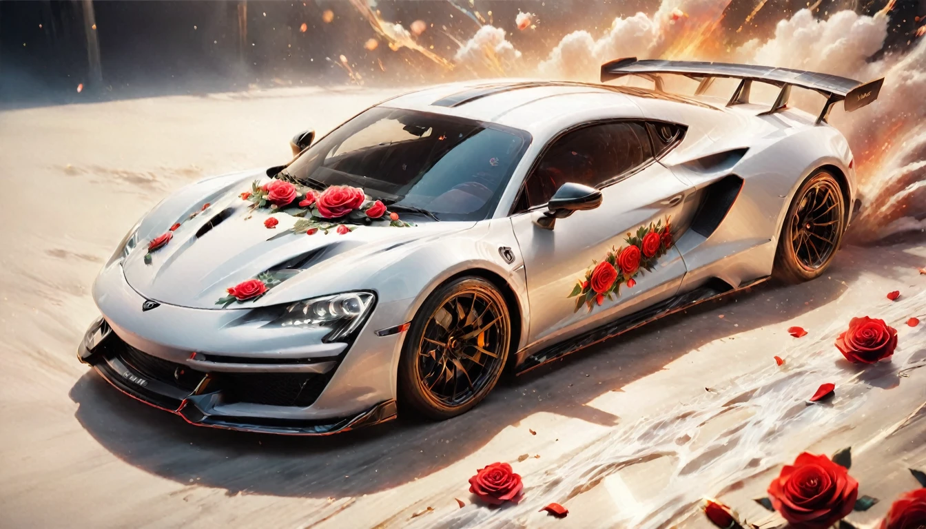 a picture of a (white sports car: 1.4) with (roses: 1.5) imprints on it, dynamic background, Ultra-high resolution, High Contrast, (masterpiece:1.5), highest quality, Best aesthetics), best details, best quality, highres, 16k, (ultra detailed: 1.5), masterpiece, best quality, (extremely detailed) RAW, (ultra details, Masterpiece, best quality),  Cinematic Hollywood Film, NRART, roses