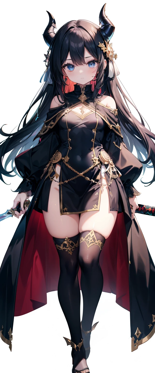 ,child, ,,child,Fullbody,head to toe capture on the frame,thick thighs, ULTRA, HQ, best quality, seductive lady wearing costume and holding a sword, magical, magic, RPG, FANTASY, sfw, cute, kawaii, devil horns, long black hair, blue eyes, fantasy theme, rpg theme, innocent,white background