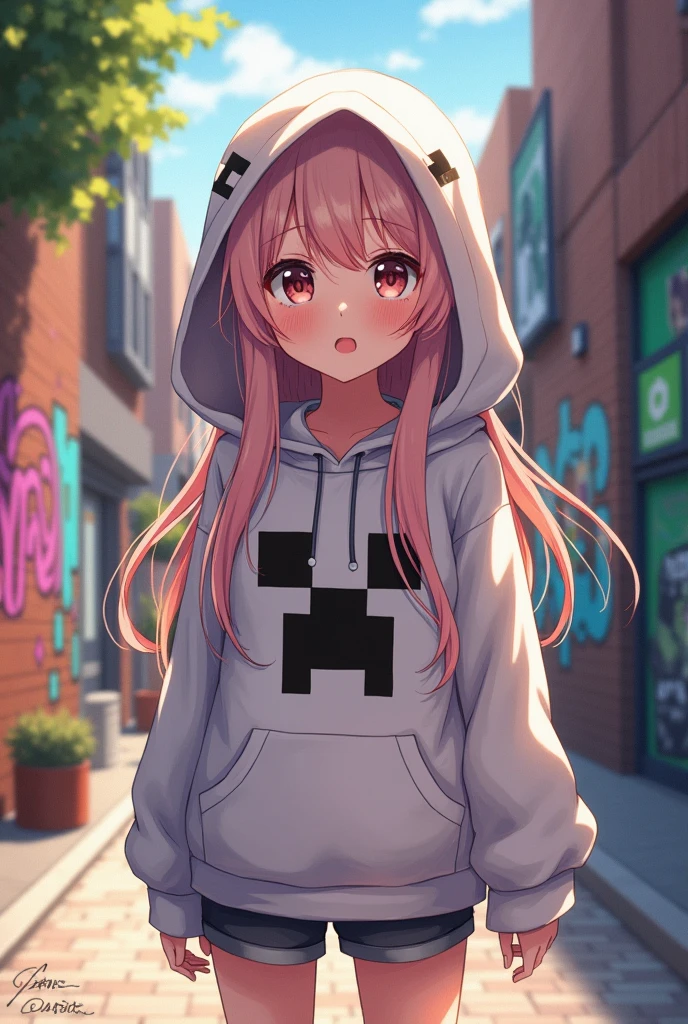Make an anime girl with few details wearing a creeper hoodie.