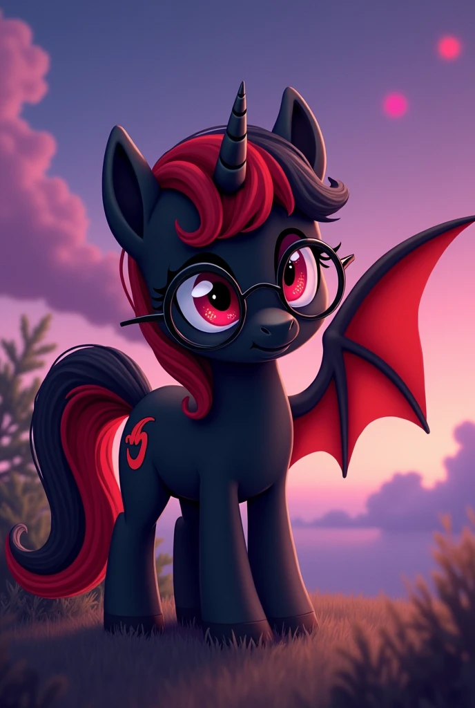 Black pony with red bat wings, Bat ears with red tips. The mane is black and red.. Cartoon girl with red glasses NO HORNS cutie mark of a red moon, she has NO HORN, She only has wings.. There is no person next to her, she&#39;s the only one. She is wearing round glasses with red lenses. 