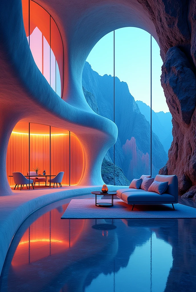 A very futuristic house on the inside, located on a mountain, but with colors.
