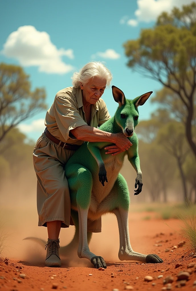 An old woman fighting with a realistic green kangaroo