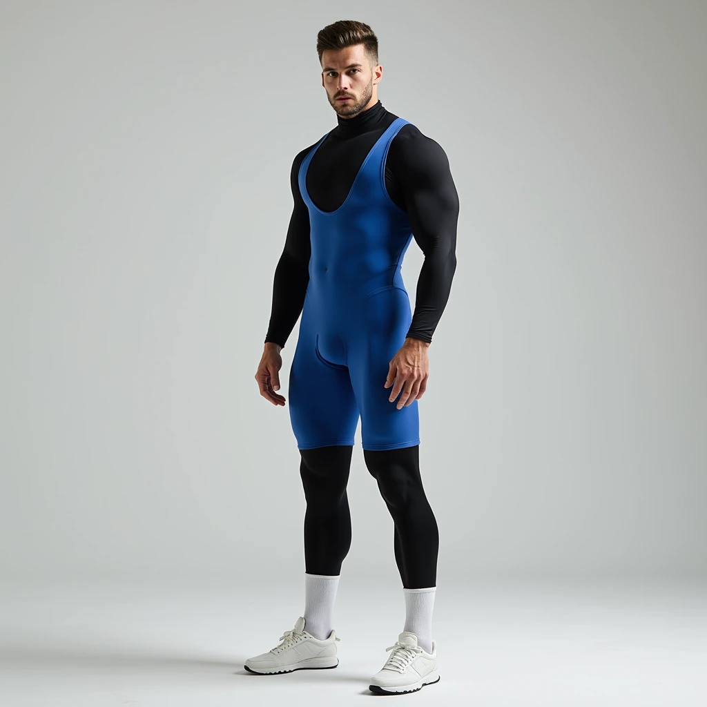 Best image quality, Ultra-high resolution, photograph,1 male,Long legs, Blue tight wrestling singlet,Black long sleeve high neck compression shirt,Black long tights,White socks that come down to mid-calf,White sneakers,