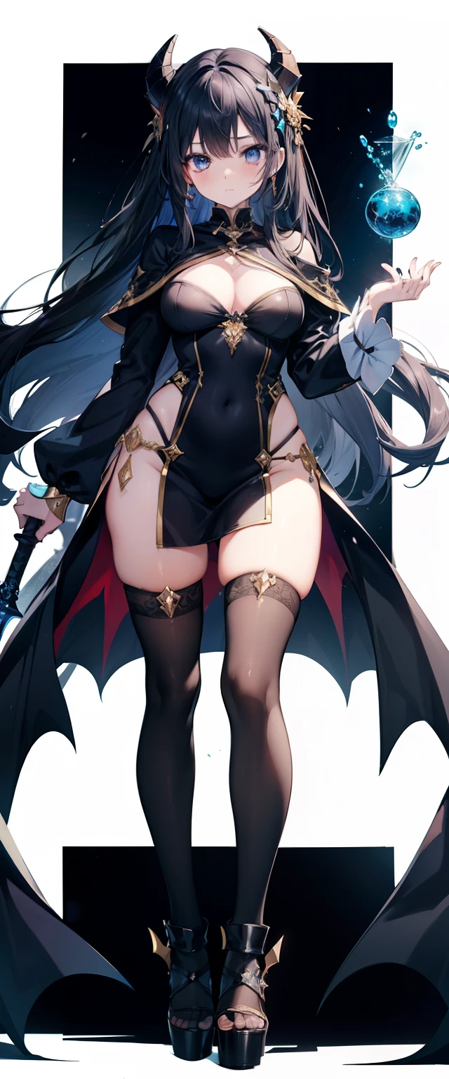 Fullbody, ager,head to toe capture on the frame,thick thighs, ULTRA, HQ, best quality, seductive lady wearing costume and holding a sword, magical, magic, RPG, FANTASY, sfw, cute, kawaii, devil horns, long black hair, blue eyes, fantasy theme, rpg theme, innocent,white background 