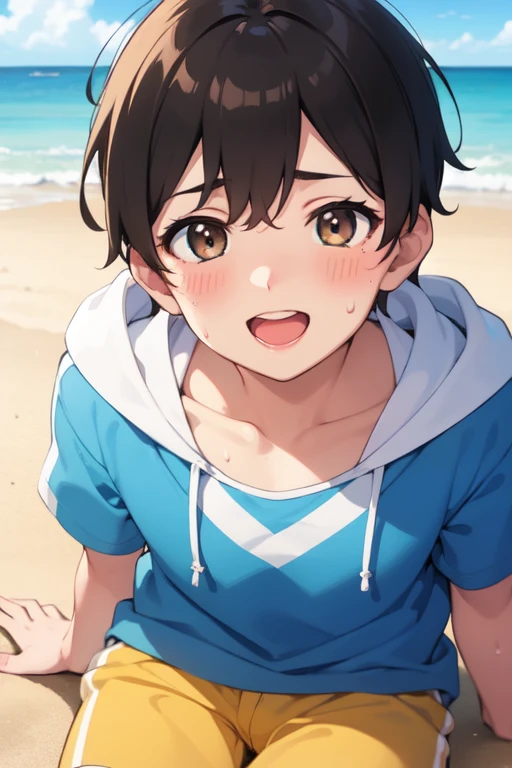 Brown boy on the beach, happy, at daytime, colors, sweaty, Beautiful, pastel, sunny, Frozen, blushing, cute


