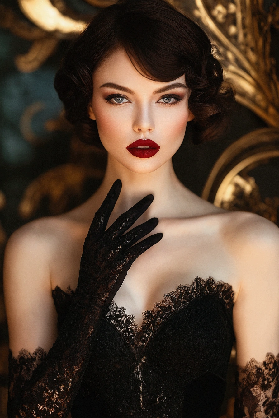 there is a woman with a black dress and gloves posing for a picture, elegant lady with alabaster skin, gorgeous woman, gorgeous beautiful woman, elegant fashion model, photo of a beautiful woman, dark red lips, elegant woman, inspired by Hedi Xandt, deep red lips, beautiful portrait photo, elegant girl, gorgeous lady, alluring mesmer woman