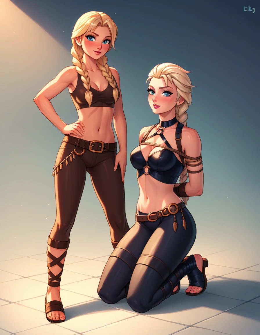 ((Full body photo, standing, feet on the floor)) score_9, score_8_up, score_7_up, score_6_up, 2girls, BREAK elsa (blonde hair, braid, gladiator sandals, leggings and crop top, tied, tied, rope, blushing, kneeling :1.2) BREAK anna (gladiator sandals hair, brown, braided braids, sexy PVC dominatrix outfit, standing with hand on hip, sexy and authoritative: 1.3), dimly lit dungeon, rope, (cinematic lighting: 1 ,4).