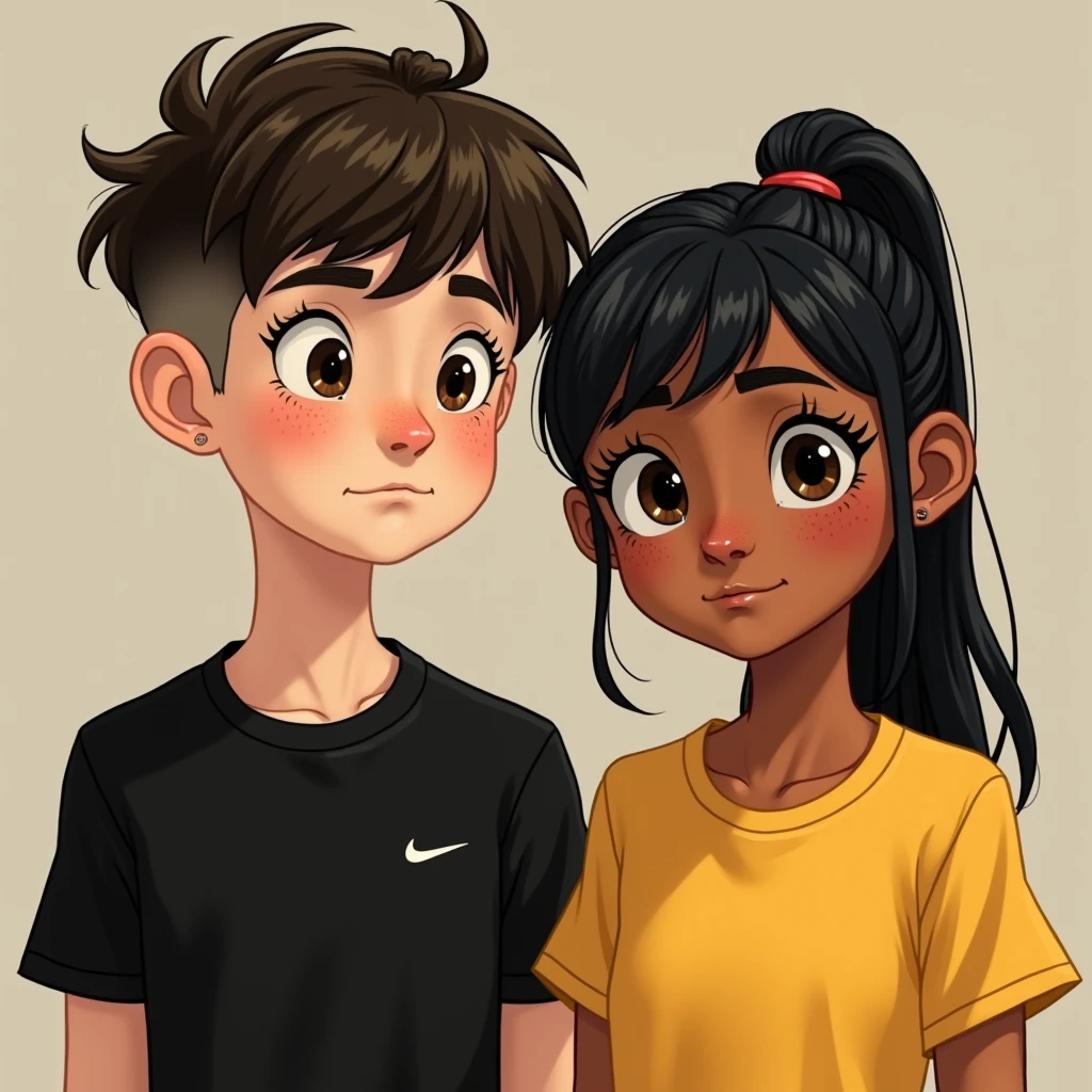 Disney A  boy with white skin color, Aquiline nose, with low taper fade cut, textured fade with a black Nike shirt
A teenageith tied hair and bangs, Mustard yellow shirt, Disney tanned skin color
