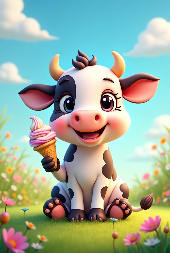Cute animated sitting cow with long eyelashes with an ice cream