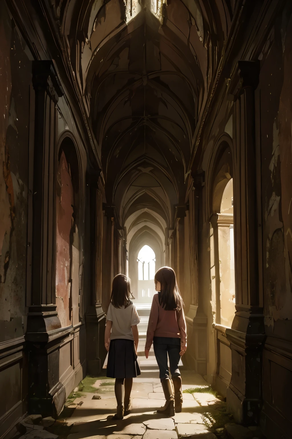 two nine-year-old girls and a fifteen-year-old girl explore a ruined abbey, dark atmosphere, spooky place, darkness, eerie shadows, ancient ruined medieval frescoes on the walls, wearing trousers and boots
