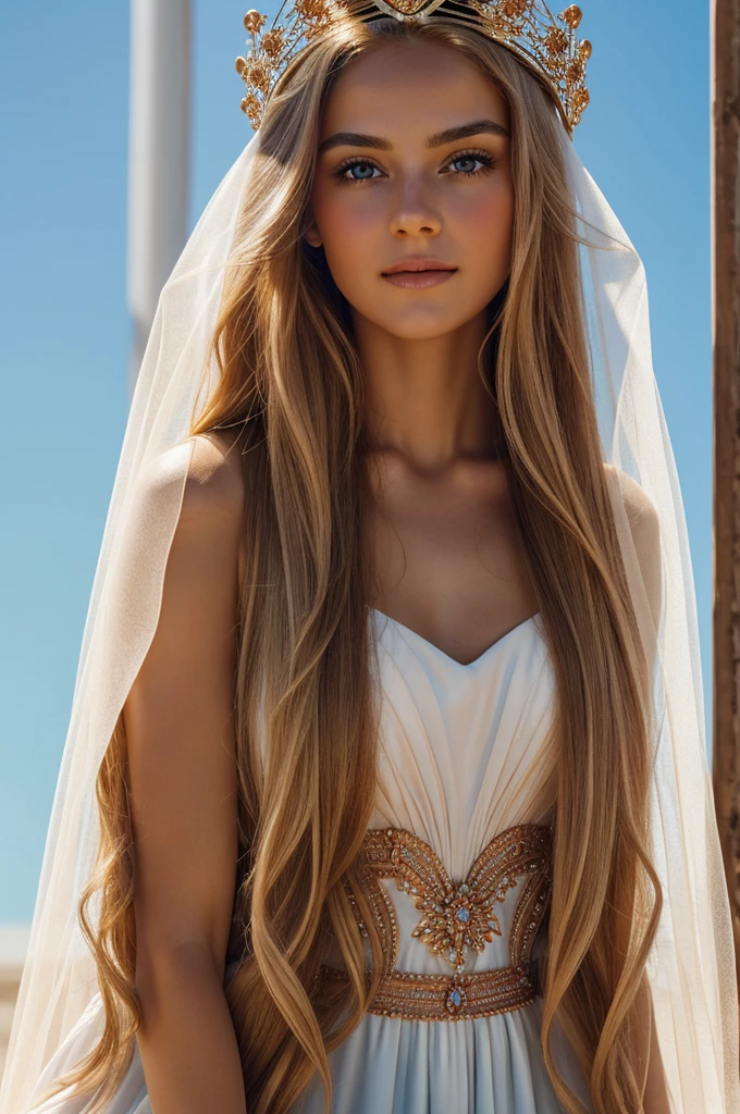 Photorealistic image of a woman with mixed white European skin kneeling wearing a long dark orange dress covering her entire body and a pink veil covering her light brown eyes,long straight brown and blonde hair and natural eyebrows with a light blue background and sunlight shining using a queen's crown and a tear in her eyes of happiness