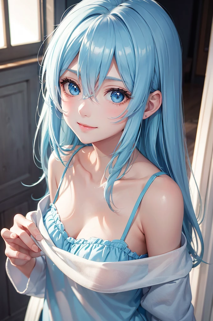 Best Quality,High resolution,8k,finelity detailed background,Masterpiece:1.2),beautiful girl,Shiny light blue hair,messy hair,Light blue eyes,Gentle look,A refreshing look,smile,Best quality,Best Quality,Aesthetic and aesthetic:1.2,Best details((Super detailed))(High-definition CG illustrations),pajamas,Slender body,Inside the room,smile,blush,cute,Scrounge,Looking up,Being spoiled,super model