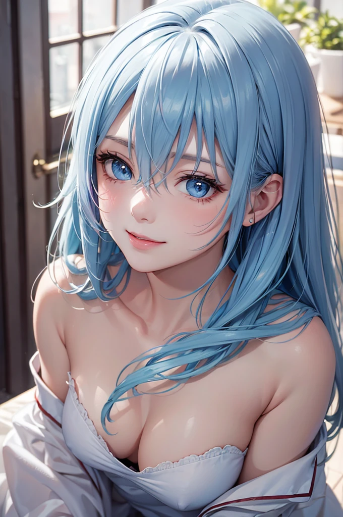 Best Quality,High resolution,8k,finelity detailed background,Masterpiece:1.2),beautiful girl,Shiny light blue hair,messy hair,Light blue eyes,Gentle look,A refreshing look,smile,Best quality,Best Quality,Aesthetic and aesthetic:1.2,Best details((Super detailed))(High-definition CG illustrations),pajamas,Slender body,Inside the room,smile,blush,cute,Scrounge,Looking up,Being spoiled,super model