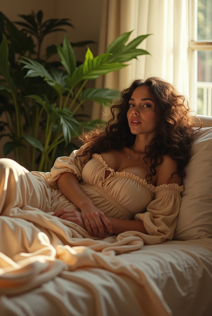 (photorealism:1.2), beautiful woman, sitting on bed, wearing loose off-shoulder top, pajama pants, long curly hair, indoors, soft lighting, plants in background, window with sunlight, cozy room, relaxed pose, realistic, intricate details, warm colors, by Greg Rutkowski, by Alphonse Mucha