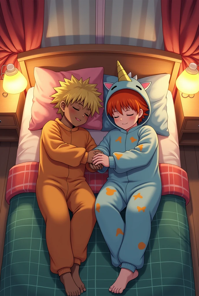 Two teenage boys are sleeping in a bed, each on one side of the bed and they are holding hands. The teenager on the left is black, has blonde hair, and is wearing dinosaur pajamas. The teenager on the right has brown skin, orange hair and is wearing a unicorn onesie. Their heads are resting on pillows, one is pink and the other is blue. The bedspread has a checkered pattern in green and red. On each side of the bed is a nightstand, the one on the left has a lamp, and the one on the right has a lamp too. The image must be anime.