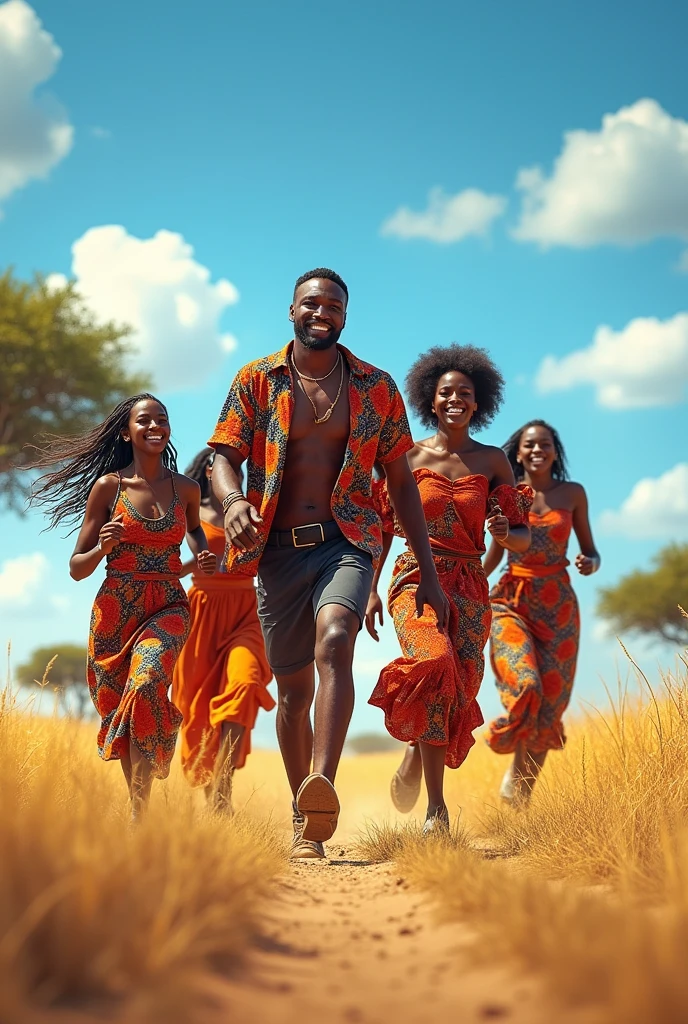 Un homme avec 4 femmes africaines lui courant après