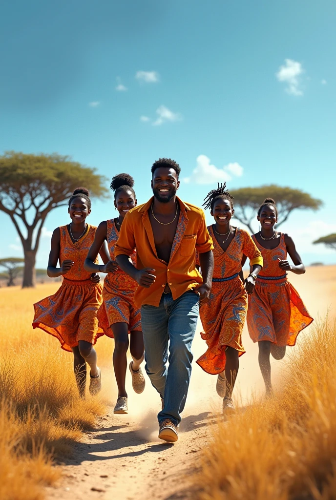 Un homme avec 4 femmes africaines lui courant après