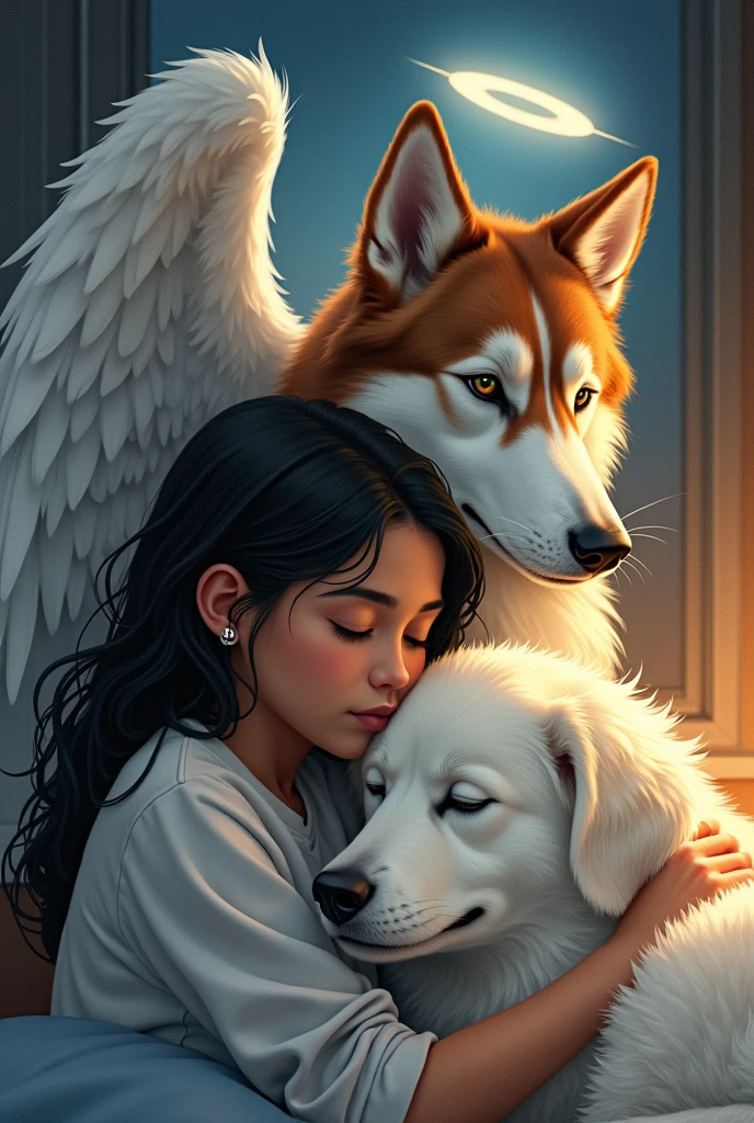 The coffee is moon and the white scrapy, and then I
make the semi-realistic illustration where scrapy like he and I are hugging sleeping and luna in the form of an angel or something like that accompanying us
when she died scrapy and I were very depressed
luna is my brown dog with a husky cross with green eyes, she died last year
scrapy is my white spanish dog with churros and dark brown eyes, He's still with me since 2015
I'm a 17-year-old teenager with a dark complexion, somewhat brown but not that much
Make a semi-realistic photo where Scrapy and I are sleeping and Luna in the shape of an angel accompanies us
Scrapy is like with fluffy hair and I with long black hair and I'm brown
Scrapy has floppy ears and Luna, a husky mix dog, is brown without white, I want her to be above us accompanying us with angel wings and halo and I'm more brown