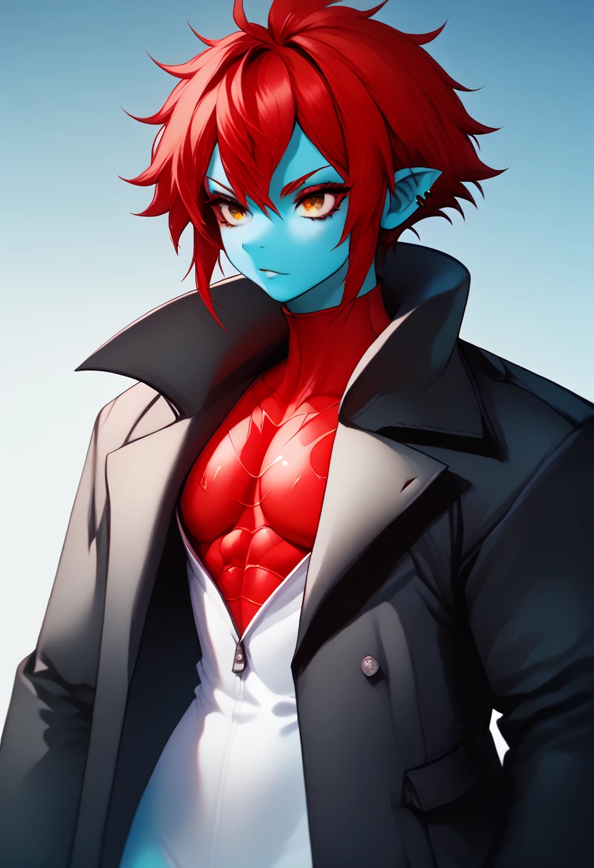 Oc,na’vi, a alien blue skin skinny buff femboy man wearing black trench-coat with a red mark on the bust,red hair,thick, in an 90’s style. He’s androgynous , fullbody,including some weapons and a sensual , cool expression.The scene has a cool,sweet,sexual,stargate style and a vibrant tone. Modern urban setting in the background 