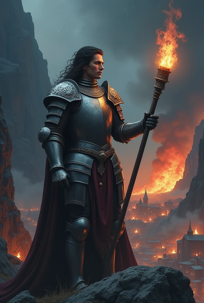 Knight holding a torch on top of a mountain looking at a village on fire 