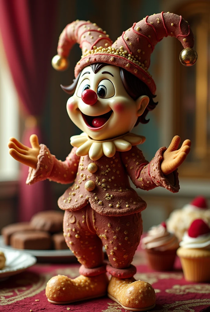 Young court jester made of different chocolates drawn