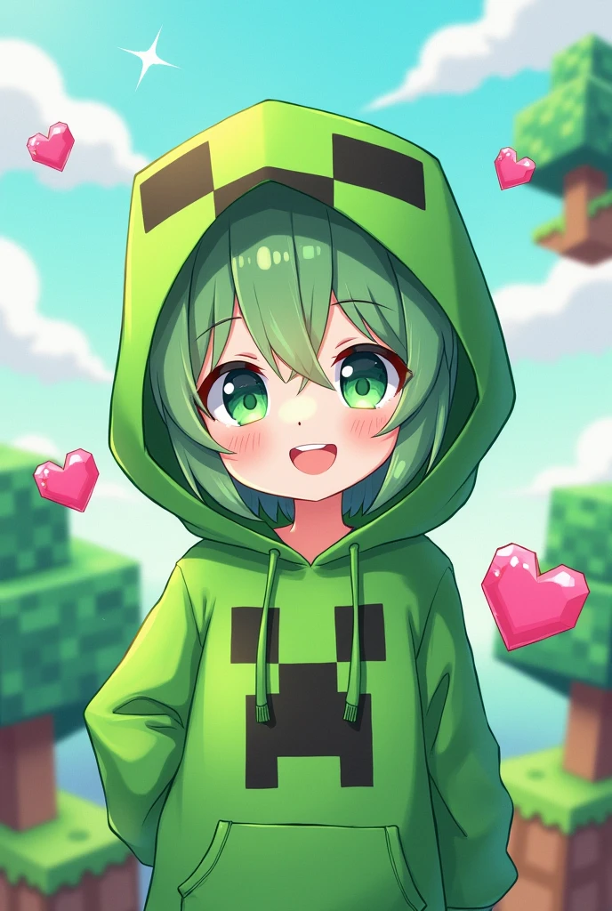 Draw a chibi anime girl wearing a creeper hoodie. 