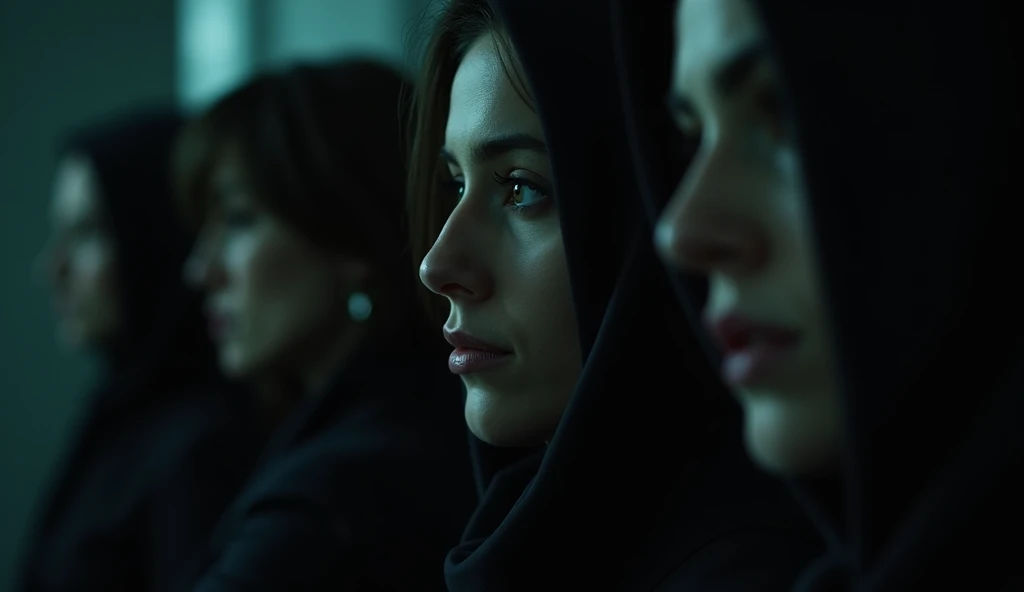 The camera zooms in on a group of whispering people, their faces partially obscured by shadows, creating a sense of mystery and intrigue. The focus is on a pair of lips spreading rumors, with a subtle gleam in their eyes, hinting at deception. The background is blurred, emphasizing the secretive nature of the gossip. The color palette is dark and moody, enhancing the atmosphere of suspicion and caution.Ultra realistic image --ar 16:9