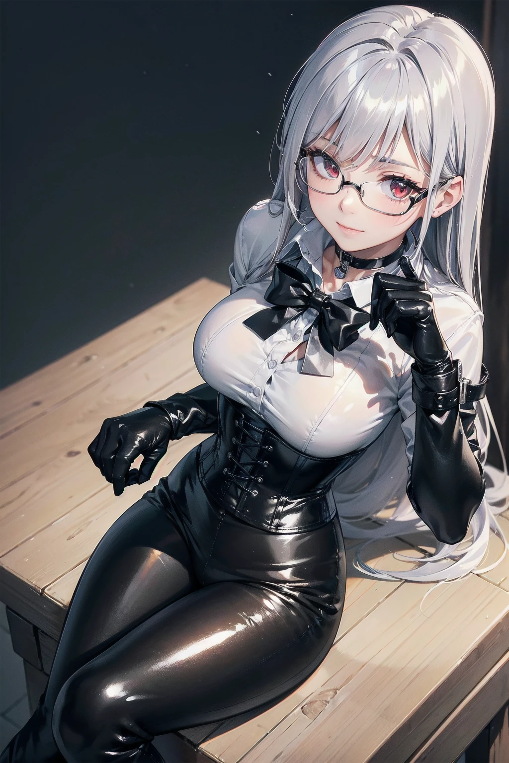 masterpiece, Superior image quality, High resolution, 4k image,Photo and gross, photorealistic, ung girl of 18 years old, VIEW FROM ABOVE, sitting on a chair, looking at the viewer, {Alone},{{{vagina}}}, beautiful face, long silver hair, scarlet red eyes, very detailed eyes, shy expression, draw a shy smile, glasses choker:1.6, (white collar button down shirt white long sleeve), black gloves, gloves covering the hands, (black leather corset), (shiny black leggings), (black leather boots), sensual lips , show details in the eyes, cabin, at daytime