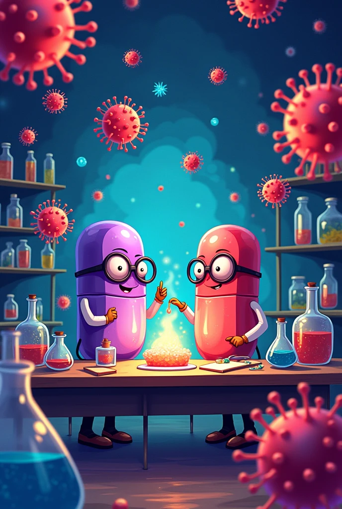 A cartoon of a laboratory, full of viruses in the air,with flashing lights,and there is a table that in the center has a super bacteria being created,around this table there are 2 scientists,but they aren't human,They are giant purple and red medicine pills.,wearing glasses,noseless 