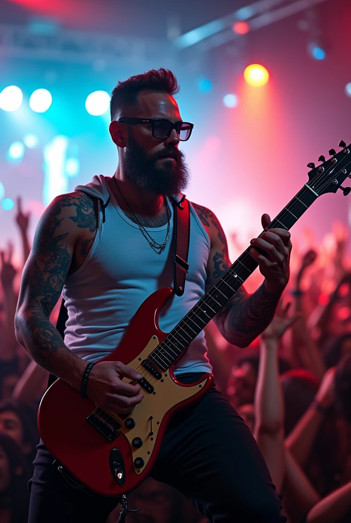 A bearded heavy metal man with tattoos, wearing strong square glasses, a white tank top and a grey hoodie over it, playing guitar at a heavy metal show. 