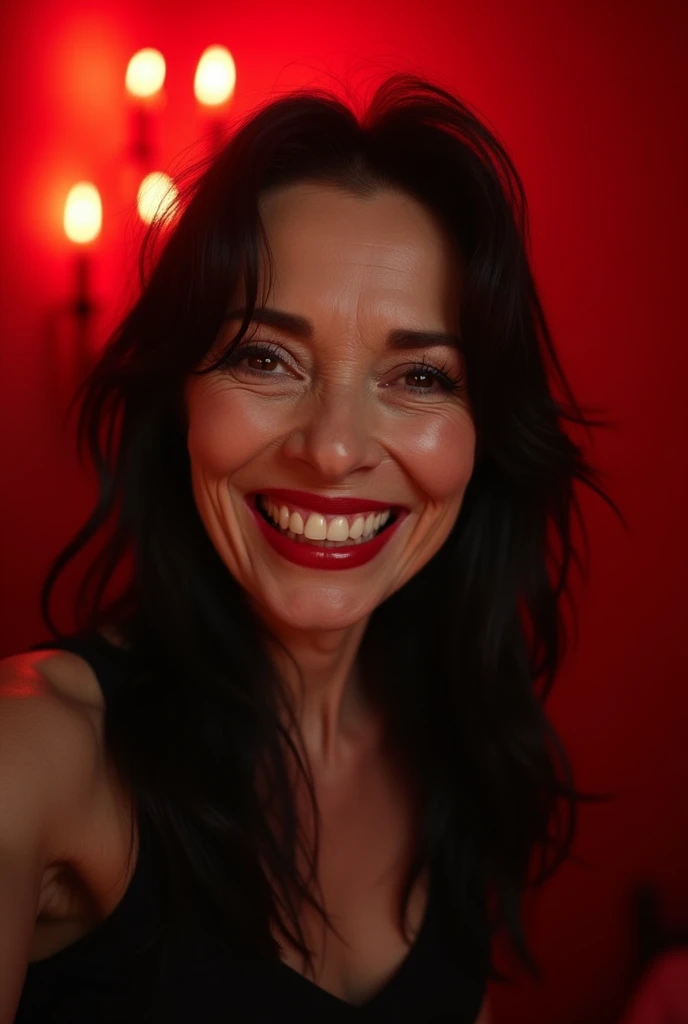 woman in her 60s, very thin white with many wrinkles, pose for selfie not Instagram, naked, sexy pose, smiling showing her teeth, heavy makeup long black and black hair looking at the camera, detailed photo, realistic lighting, High quality real skin: 1.4, Enhanced cinematic lighting: 0.9, hyper-realistic: 1.4, (soft lighting: 1.05) moving figure, sexy dominant pose, domination, mistress, BDSM, red room with candles