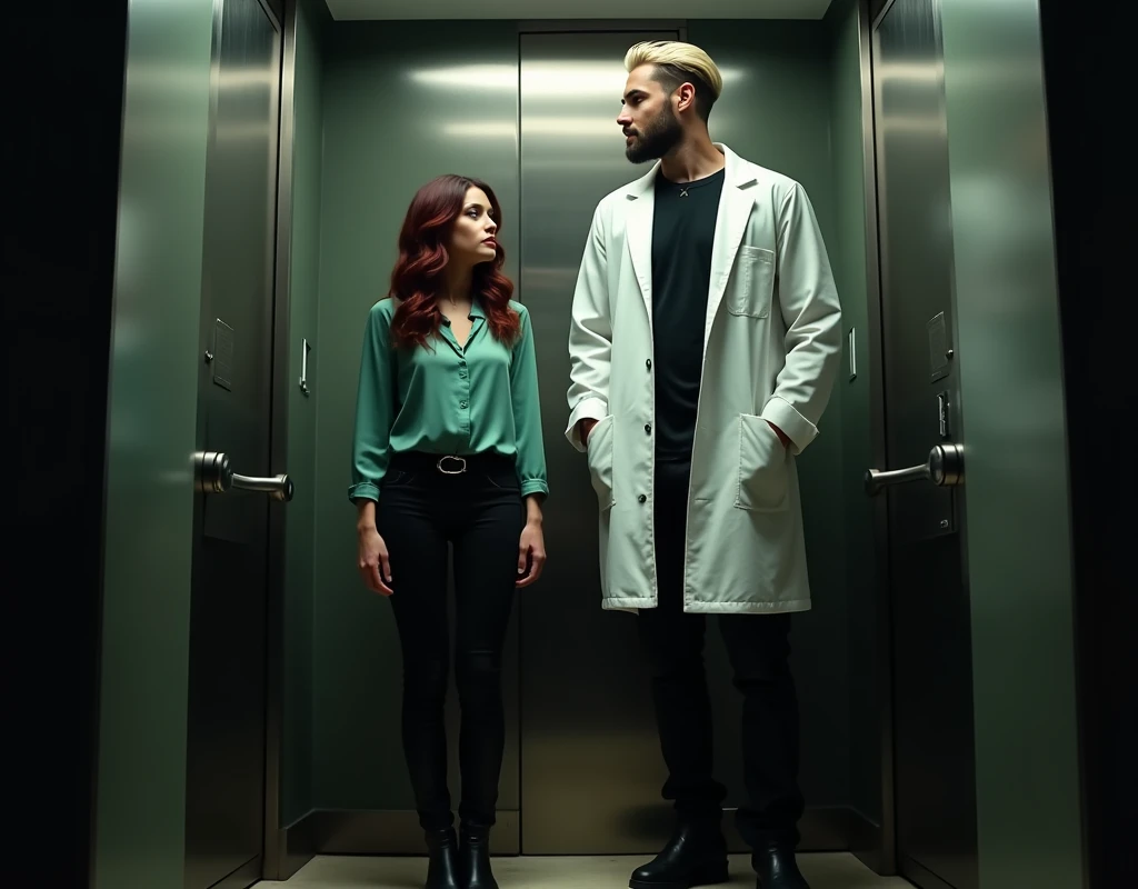 Very short Caucasian woman, wary expression, vibrant maroon side-parted long wavy hair, soft green silk blouse, low-rise black pants, black boots, standing in elevator, towering over her is a 216 cm tall Arab man with platinum blond wavy swept-back crew cut, long black stubble, white lab coat, black t-shirt, black cargo pants, black boots, cinematic lighting.