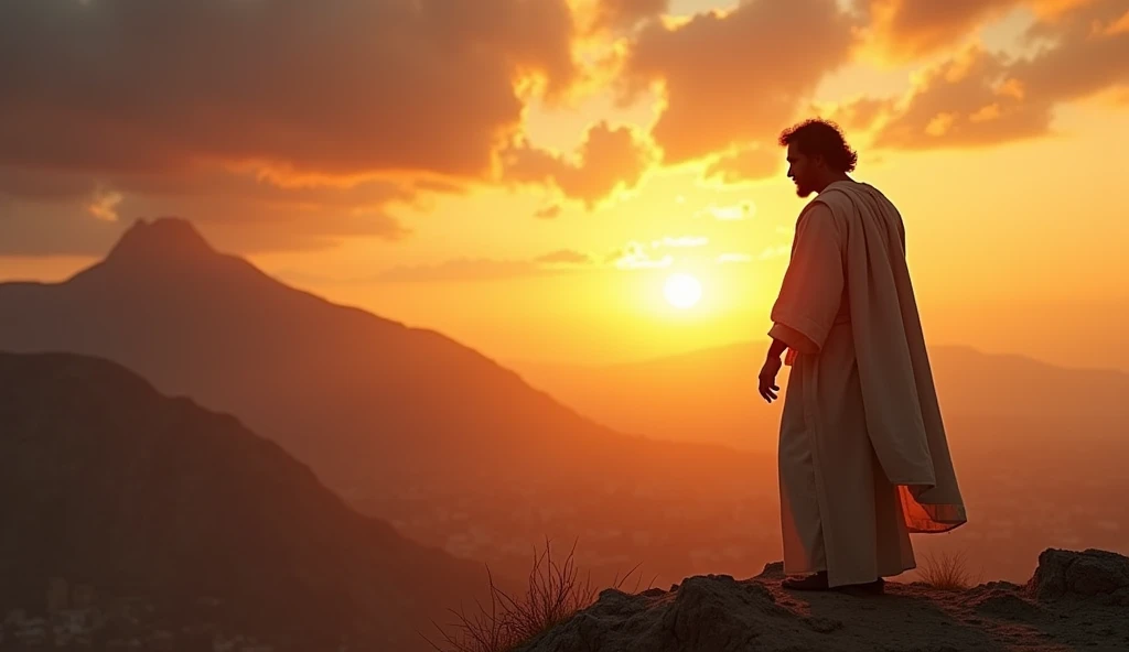 Create a striking and realistic scene of a man, jaco, standing at the top of a majestic mountain under a dramatic sunset sky. jaco é retratado como um homem de aparência determinada, wearing simple clothes from the biblical era. In front of you, God appears in human form, emanating a soft and divine light, with a serene and wise countenance. The atmosphere is charged with tension and reverence, enquanto Deus revela a jaco seu plano de destruir Sodoma e Gomorra. Ao fundo, one can see a mountainous landscape and distant cities, symbolizing the dark destiny awaiting the inhabitants. A expressão de jaco deve refletir uma mistura de temor e compreensão, as he listens intently to God's words.