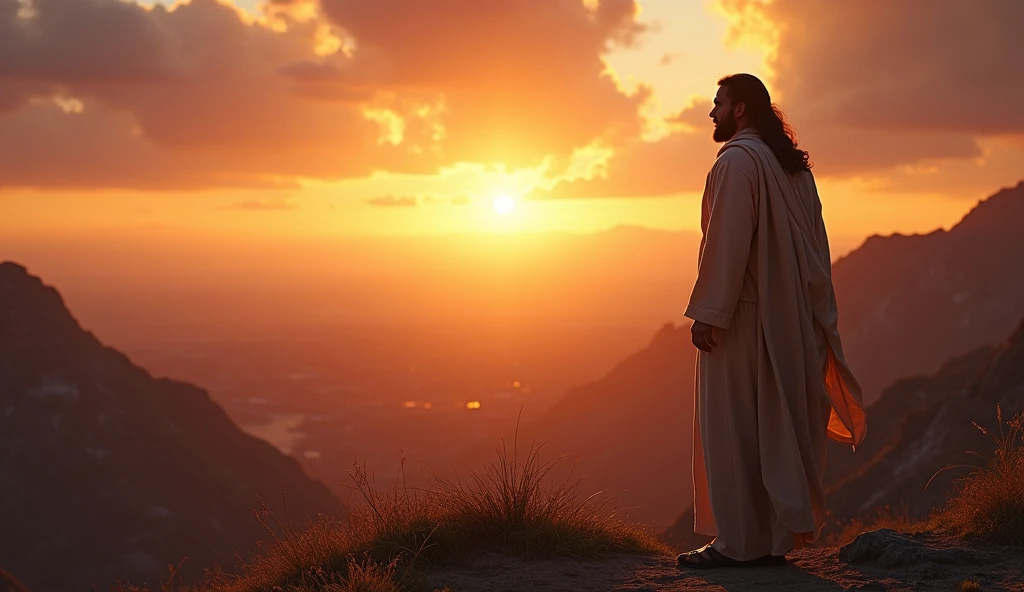 Create a striking and realistic scene of a man, jaco, standing at the top of a majestic mountain under a dramatic sunset sky. jaco é retratado como um homem de aparência determinada, wearing simple clothes from the biblical era. In front of you, God appears in human form, emanating a soft and divine light, with a serene and wise countenance. The atmosphere is charged with tension and reverence, enquanto Deus revela a jaco seu plano de destruir Sodoma e Gomorra. Ao fundo, one can see a mountainous landscape and distant cities, symbolizing the dark destiny awaiting the inhabitants. A expressão de jaco deve refletir uma mistura de temor e compreensão, as he listens intently to God's words.