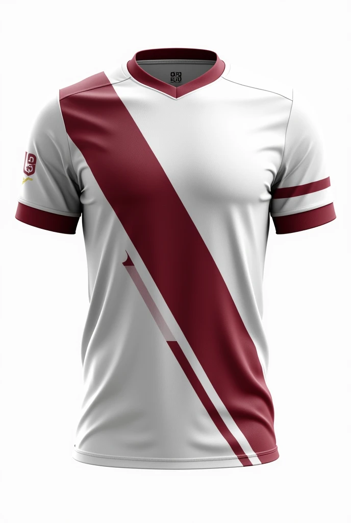 Sports jersey design for a football fan club, white with maroon, modern stripes, no background. 

