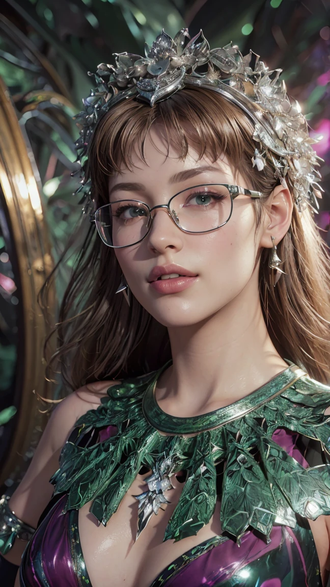 woman in meow fashion,portrait,big green eyes,nice smile, metal frame glasses, masterpiece,8 K,top quality,trending at the art station. (masterpiece, top quality, Best quality, official art, beautiful and aesthetically pleasing:1.2), extremely detailed,(fractal art:1.2),colorful,The most detailed, (dynamic pose), (abstract background:1.5), (Many colors:1.4). ((split. skin texture, Shiny skin. elegance. photorealism. unreal engine. 3D model. Ultra high quality textures. high detail. permission 8k))