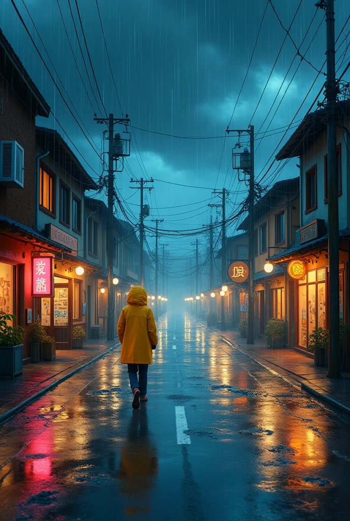 Rainfall on a city road with dark clouds covering the sky , shops and houses beside the roads , a beautiful scenery , animated photo , a person walking on the street with raincoat on 