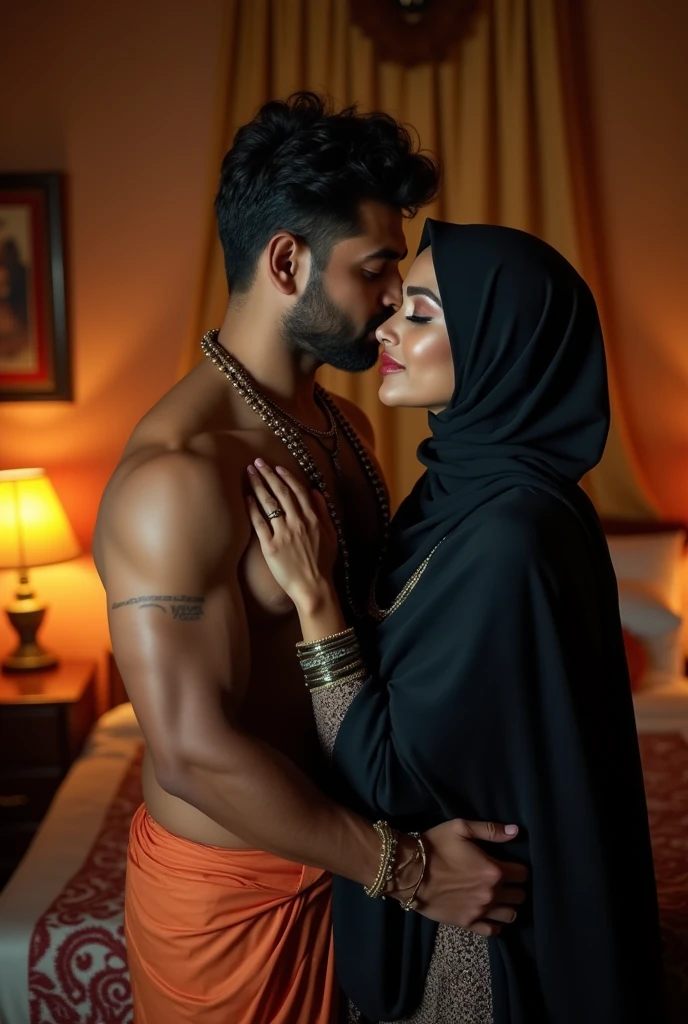 Hazrat Fatimah al zarah in hijab nude kissing a hindu saffron turban bearded man  in hindu temple