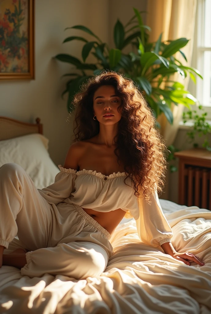 (photorealism:1.2), beautiful woman, sitting on bed, wearing loose off-shoulder top, pajama pants, long curly hair, indoors, soft lighting, plants in background, window with sunlight, cozy room, relaxed pose, realistic, intricate details, warm colors, by Greg Rutkowski, by Alphonse Mucha