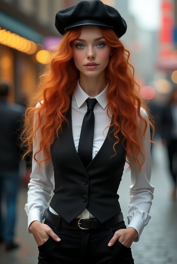 Hyperrealitisc art style, Hyperrealitisc image, young female her thirties, pale white skin adorned with freckles, bright blue eyes with long eyelashes, very long curly orange ginger hair,  slender body, with small size breasts, Wearing a white dress shirt with a black tie, a black vest over the shirt, black tailored pants, black oxford shoes and a black beret as an accessory. 