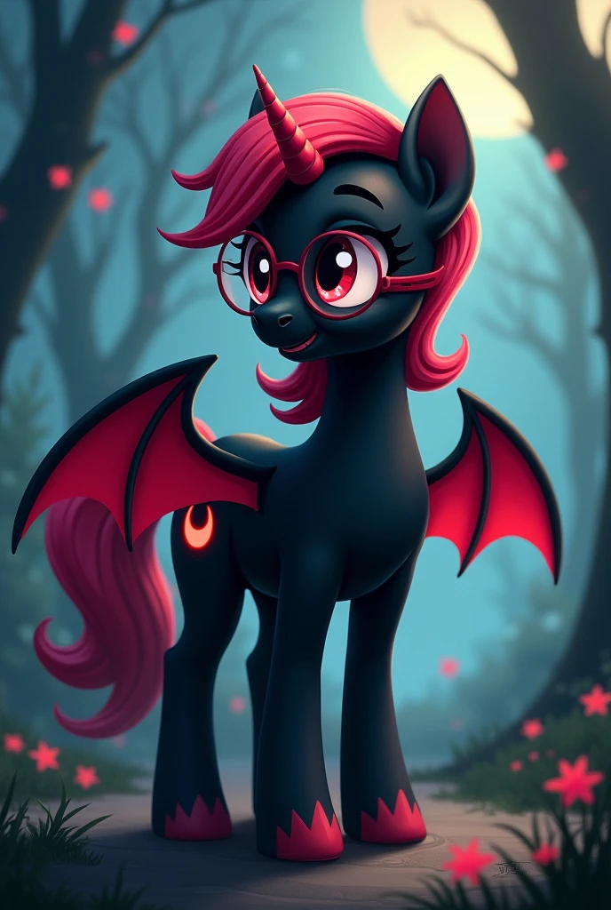 Black pony with red bat wings, Bat ears with red tips. The mane is black and red.. Cartoon girl with red glasses NO HORNS cutie mark of a red moon, she has NO HORN, She only has wings.. There is no person next to her, she's the only one. She is wearing round glasses with red lenses.. she has NO HORN