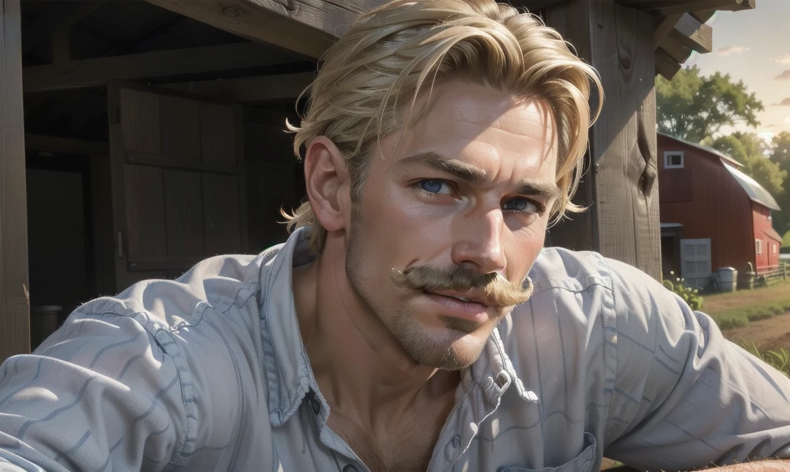 [((highly detailed, detailed eyes, detailed face, clear and realistic facial features, photorealistic, realistic light, cinematic)), ((((1 man)))), Mark is a gorgeous and alluring slender wiry male farmer father aged 45 with short blond hair and a neat moustache and blue eyes and weathered skin, (((slim slender wiry physique))), ((((middle-aged man)))), (((wearing a flannelette shirt))), ((((well-groomed blond moustache)))), ((sexy southern gay daddy farmer)), ((greying dark-blond hair)), (((heavily weathered sun-tanned skin from being outdoors everyday))), (((Mark has a seductive smirking look on his face and a slight blush on his cheeks))), There is a charming yet dry southern farm in the background, ((((expression of strong attraction on face)))), (((leaning against the side of the farm house)))]