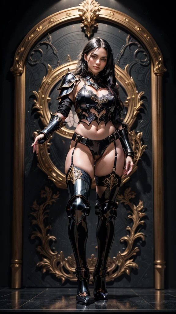 Masterpiece, best quality, 1girl, gold lace underwear, belly armor, glossy black corset armor, lace bra, extremely beautiful, fit body, full makeups, black eyes, ((glossy black legs armor)), ((glossy black hands armor)), ((glossy black 
arms armor)), garter, lace stockings, wavy hair, (black hair), extreme details, crisp picture, posing in the middle, symmetrical pose, (full body:1.3), front view, small breasts, (perfect anatomy), volumetric lights, octane rendering,  cameltoe:1.3, nsfw)) 